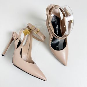 TOM FORD Padlock Nude Heels 39 US 8.5 Pointed Toe Ankle Strap Lock Key Beige